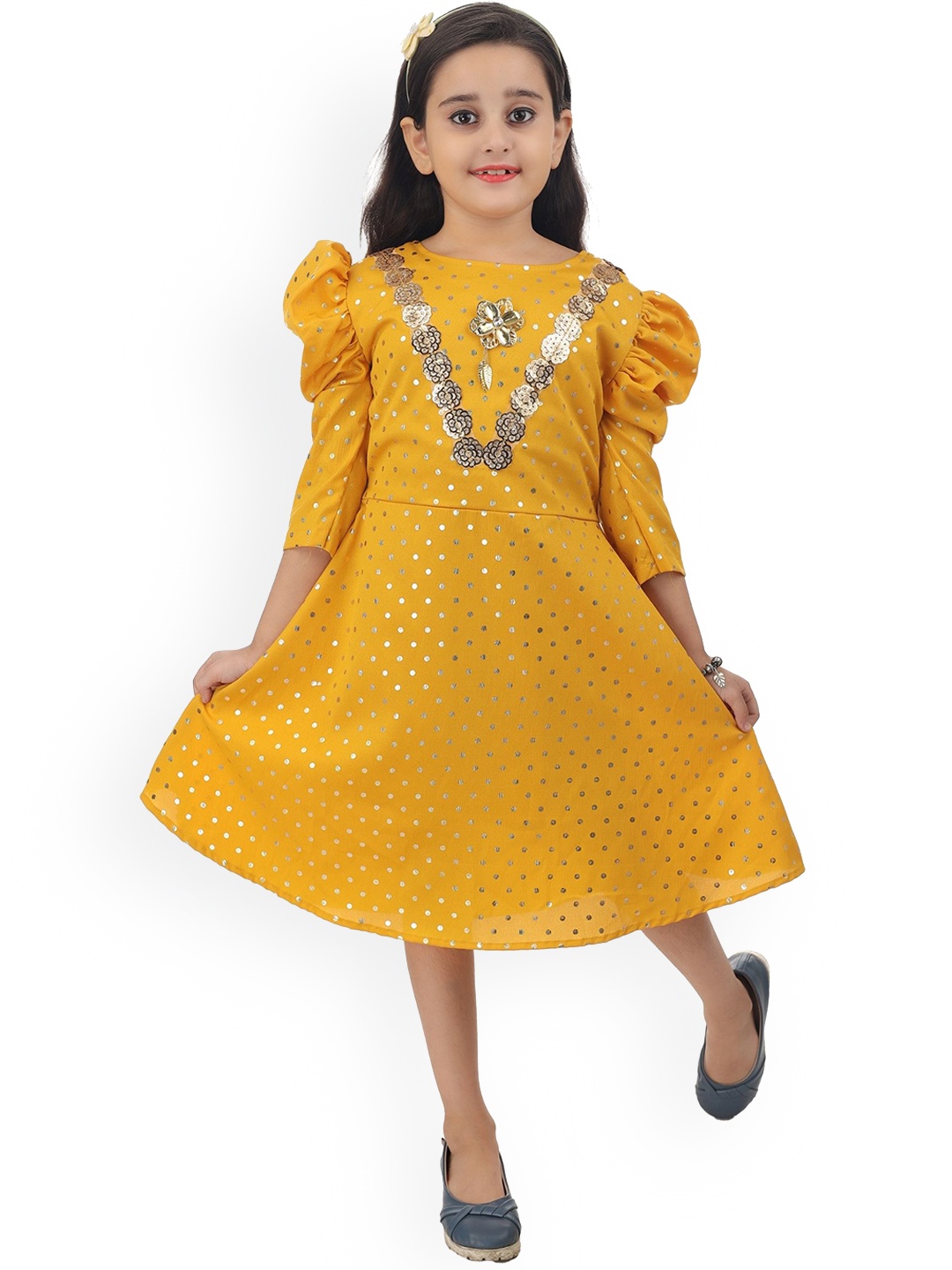 

BAESD Girls Geometric Printed Sequinned Detailed Cotton Fit & Flare Midi Ethnic Dress, Yellow