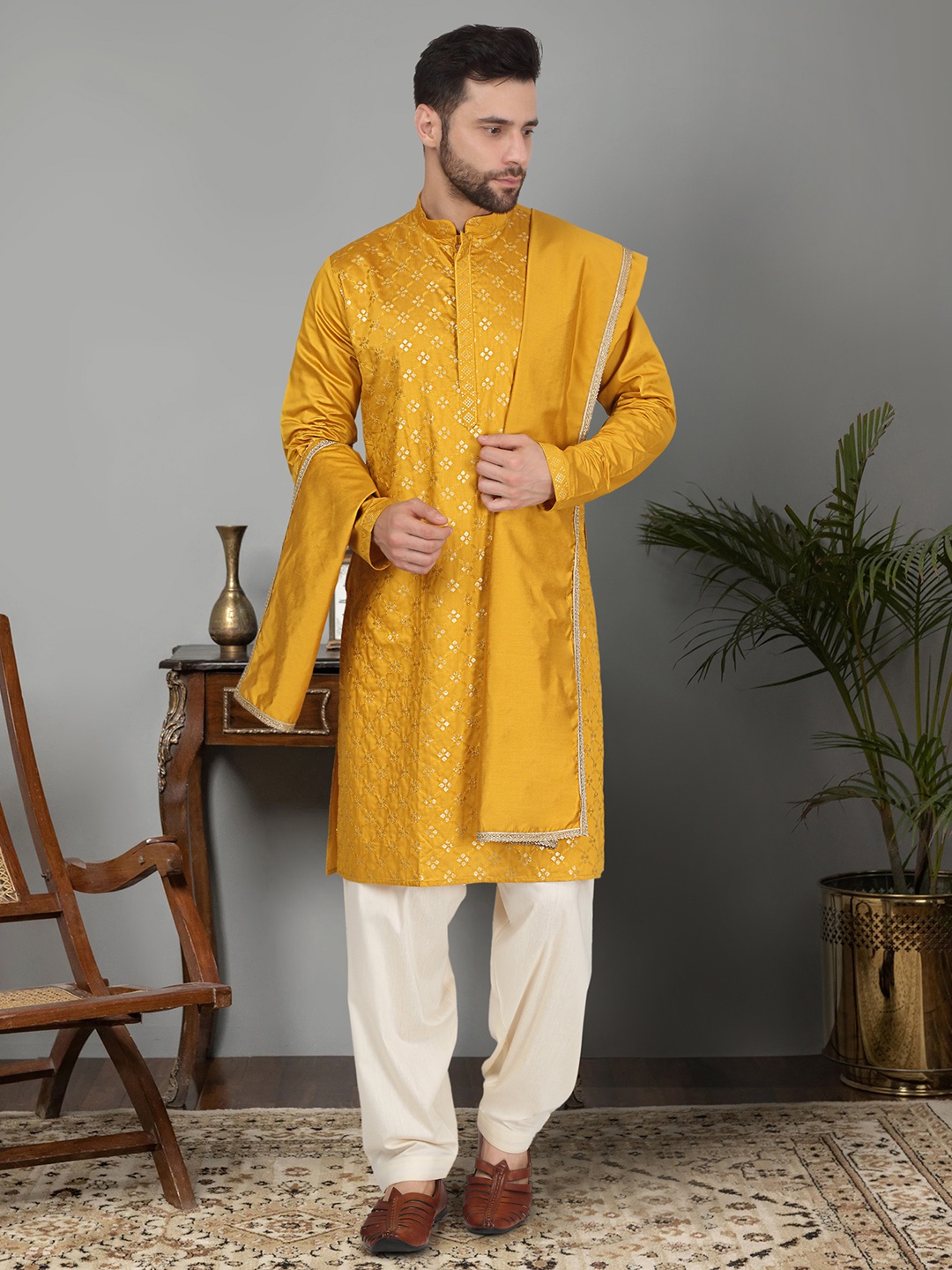 

KRAFT INDIA Floral Embroidered Regular Sequinned Kurta with Salwar & Dupatta, Mustard