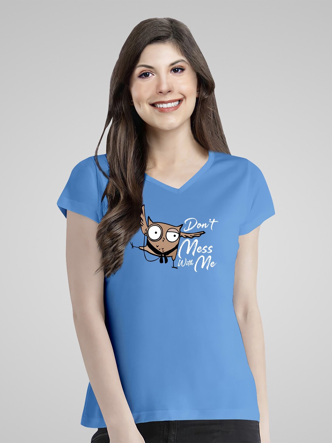 

Pootlu Women Printed V-Neck Extended Sleeves Applique T-shirt, Blue