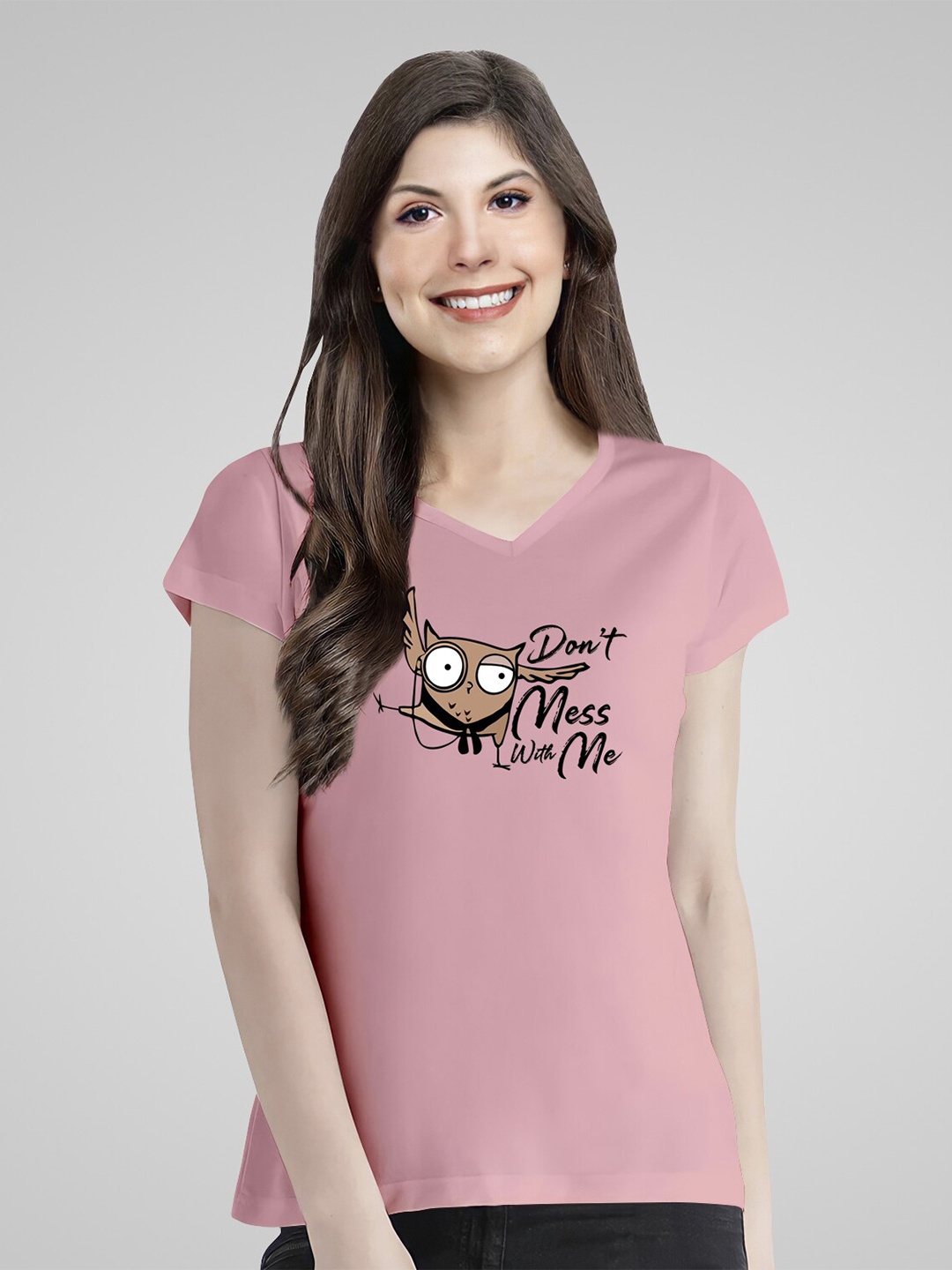 

Pootlu Women Printed V-Neck T-shirt, Pink