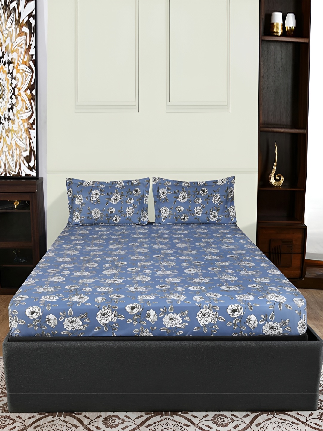 Athome by Nilkamal Blue & White Floral Queen Bedsheet with 2 Pillow Covers