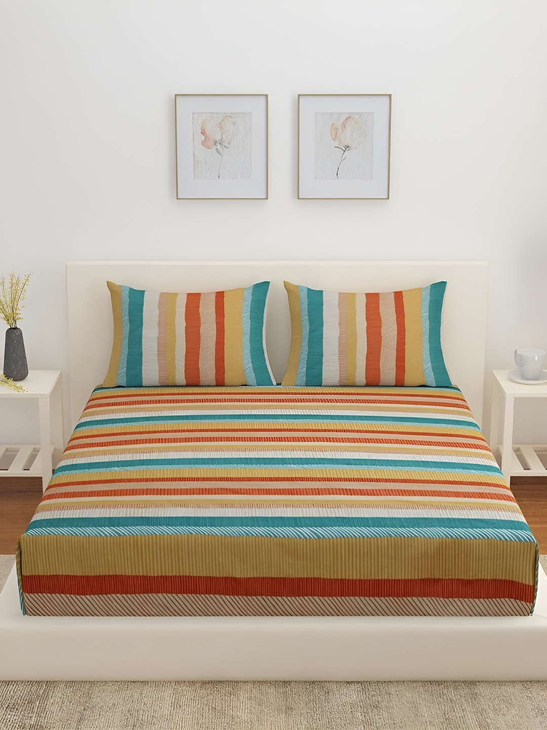 

Athome by Nilkamal Orange & Blue Striped 160 TC Cotton Queen Bedsheet With 2 Pillow Covers