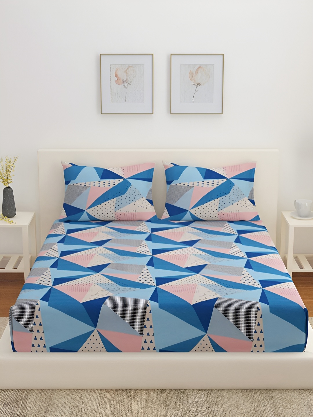 

Athome by Nilkamal Blue & Pink Geometric 160 TC Cotton Queen Bedsheet With 2 Pillow Covers