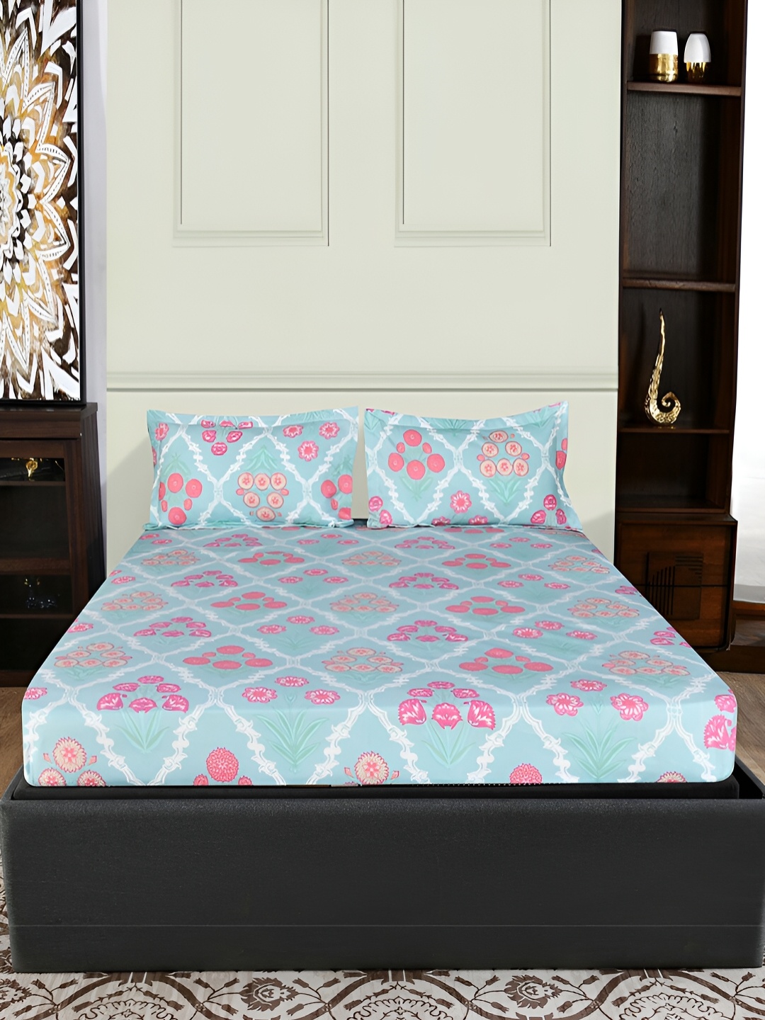 

Athome by Nilkamal Sea Green & Pink Floral Queen Bedsheet with 2 Pillow Covers