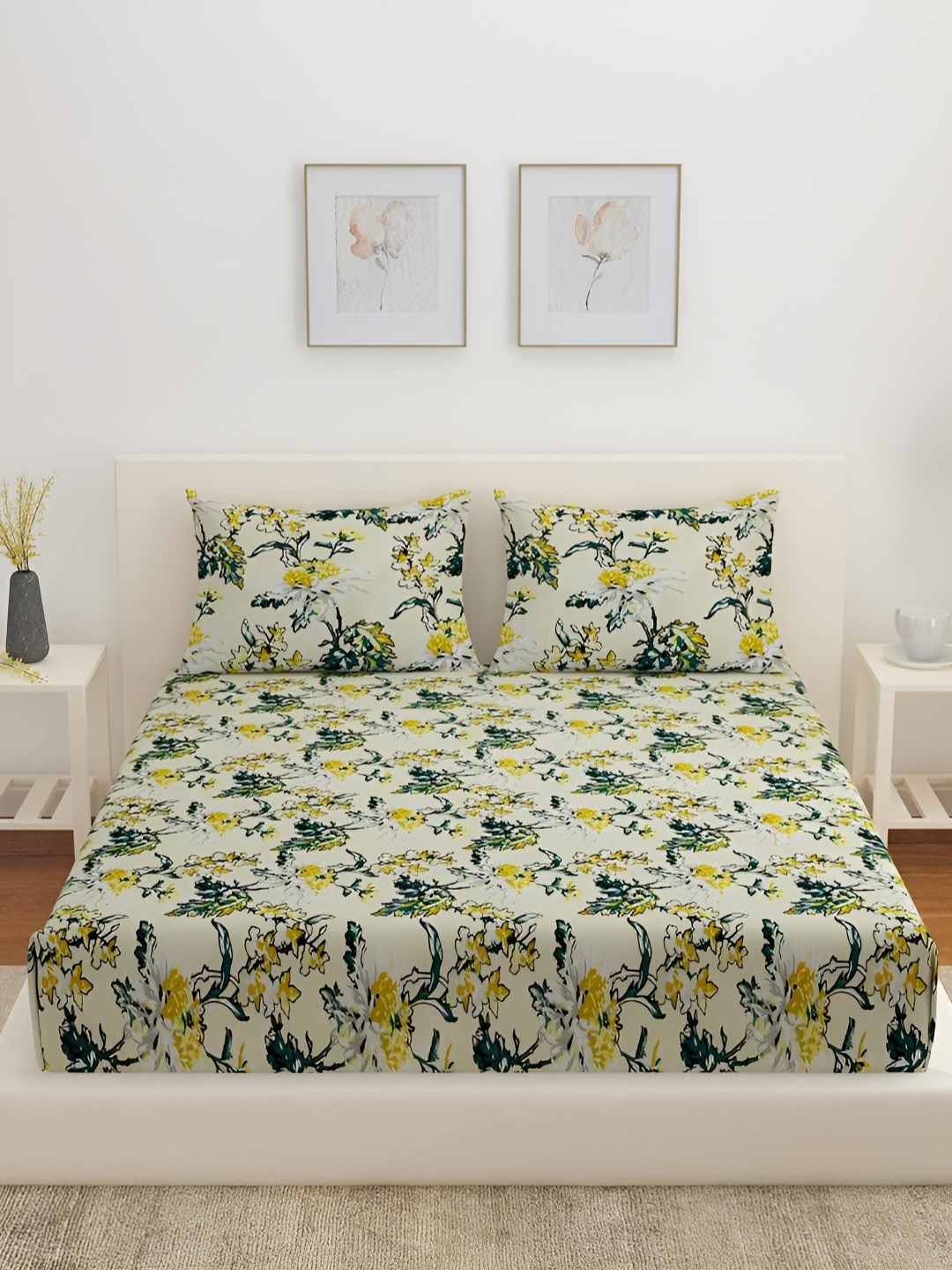 

Athome by Nilkamal Green Floral 160 TC Cotton Queen Bedsheet With 2 Pillow Covers