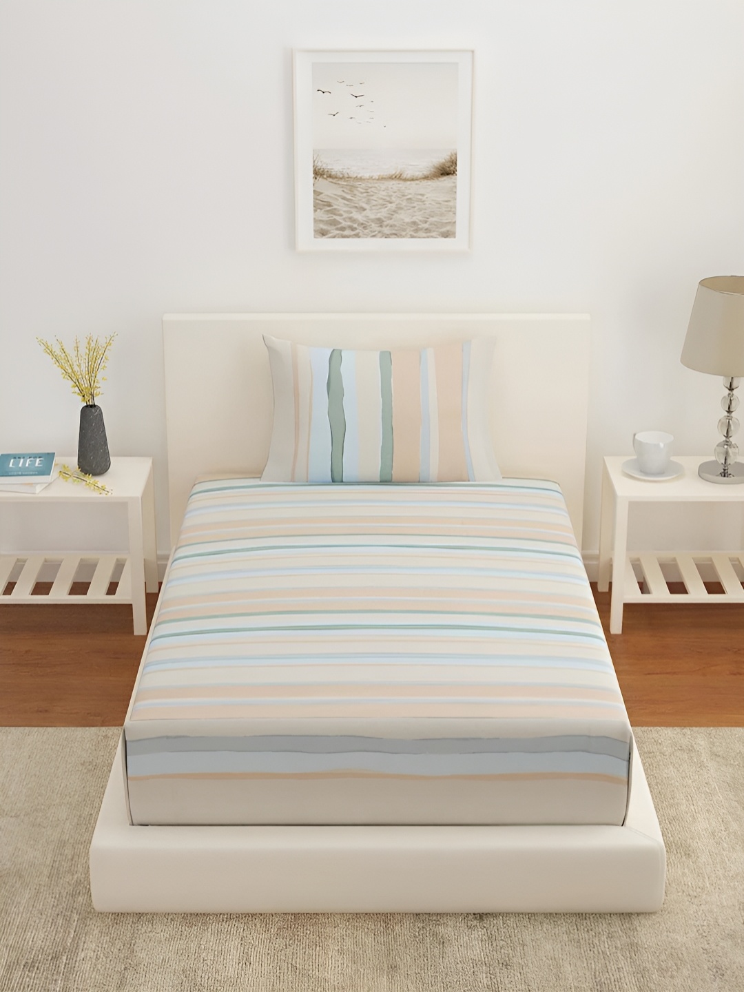

Athome by Nilkamal Grey & Coral Striped 210 TC Single Bedsheet With 1 Pillow Cover