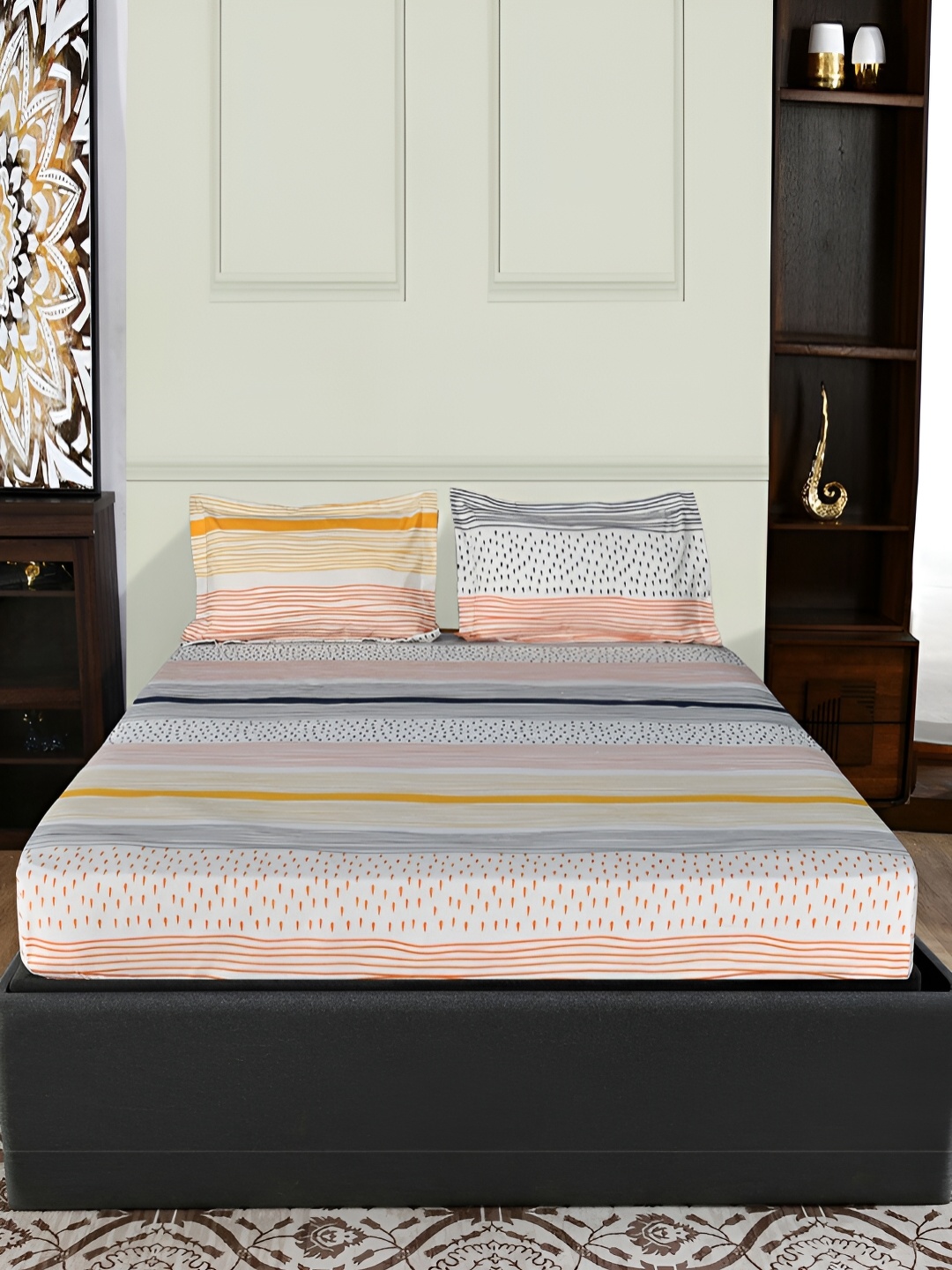 

Athome by Nilkamal White & Black Striped Queen Bedsheet With 2 Pillow Covers