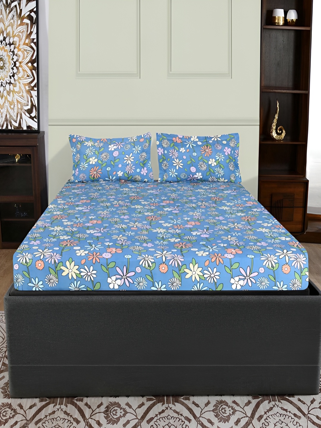 

Athome by Nilkamal Blue & Green Floral Queen Bedsheet with 2 Pillow Covers