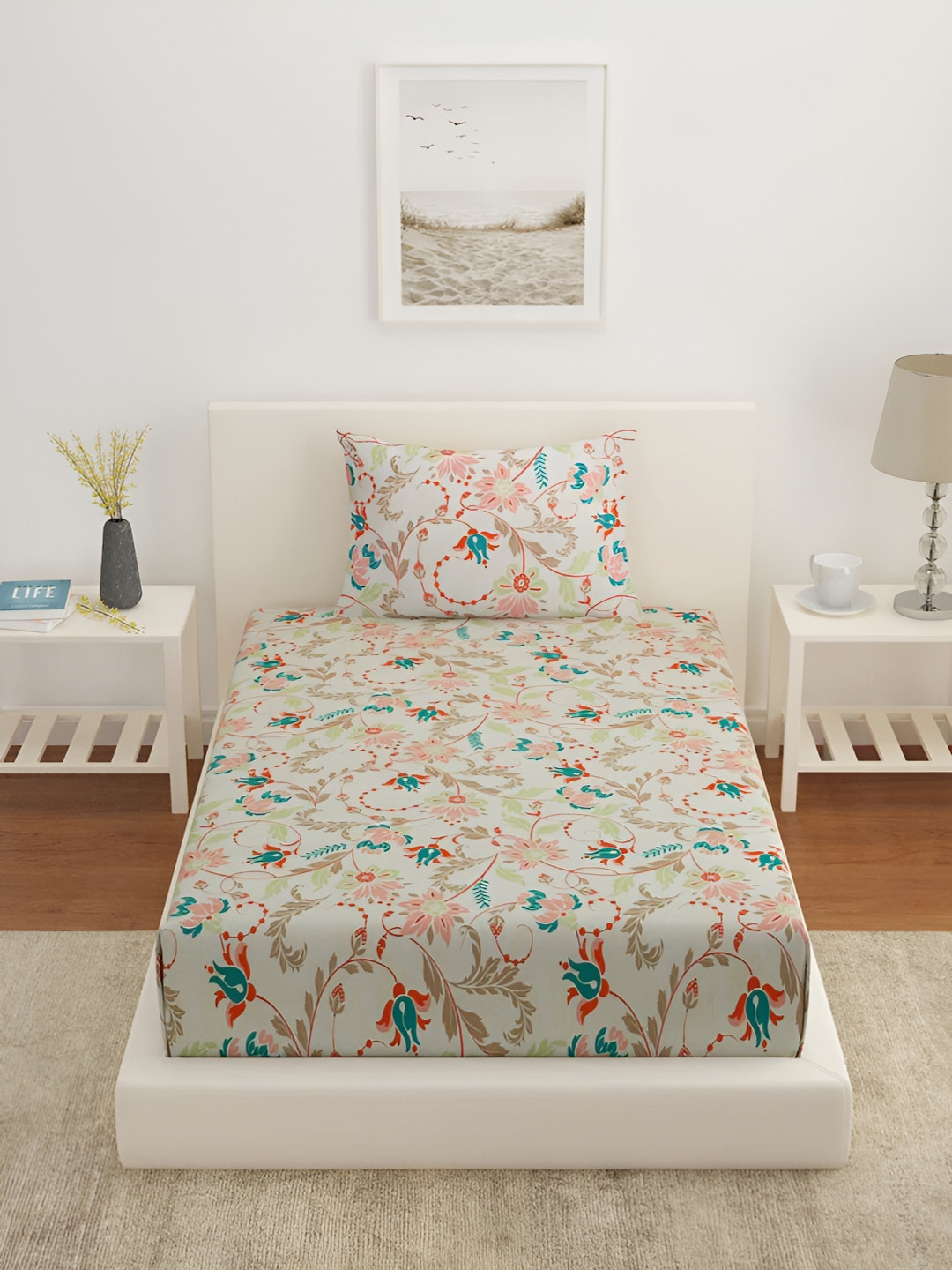 

Athome by Nilkamal Beige & Pink Floral 210 TC Single Bedsheet With 1 Pillow Cover