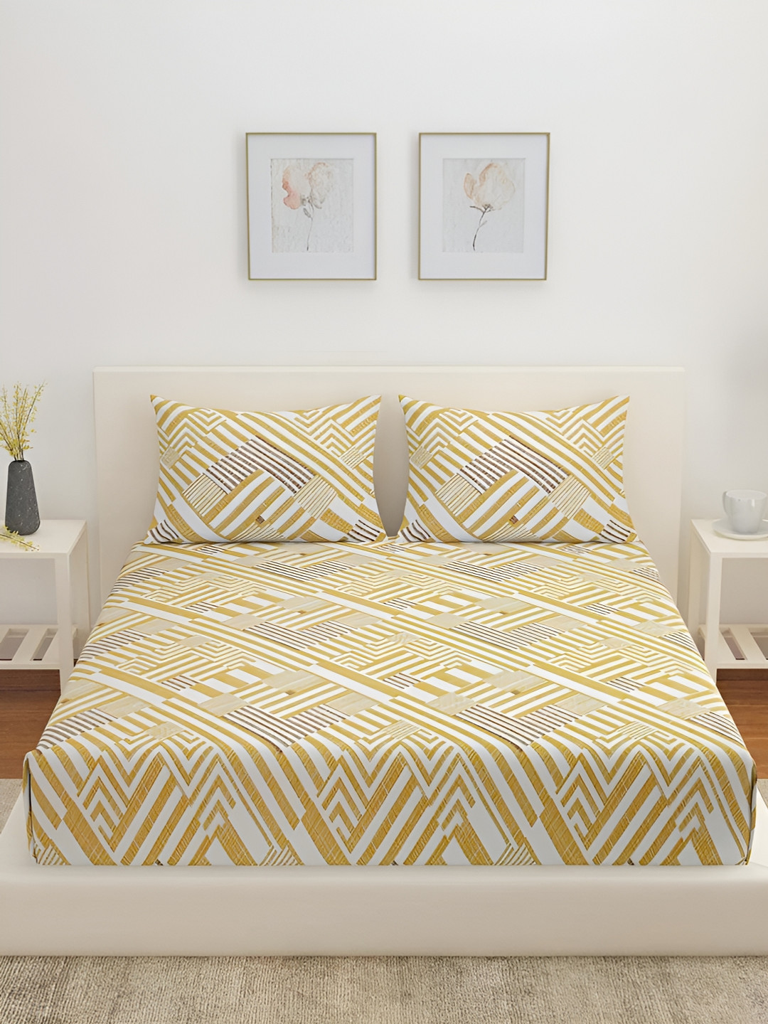 

Athome by Nilkamal Yellow Geometric Cotton 160 TC Queen Bedsheet with 2 Pillow Covers