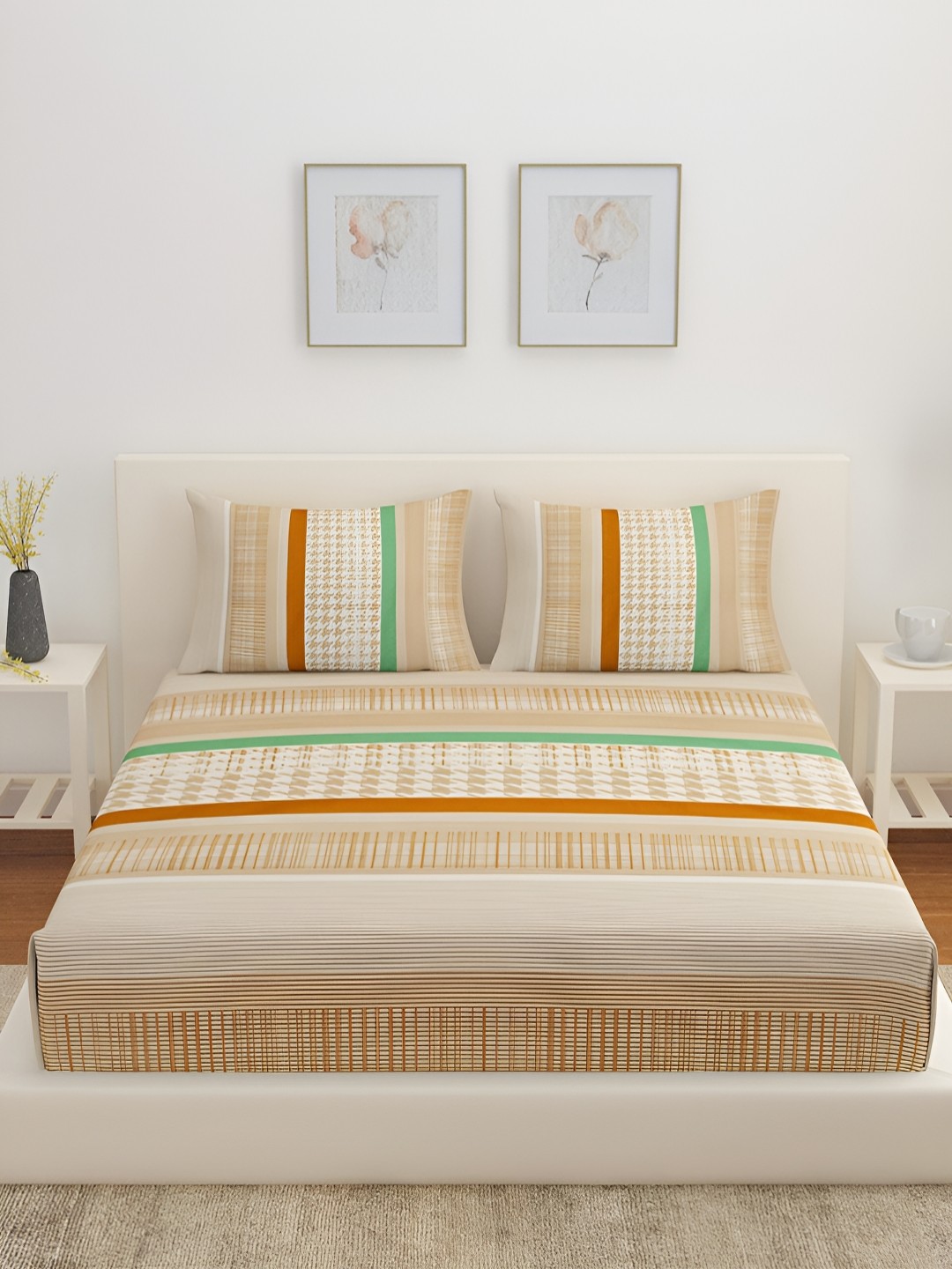 

Athome by Nilkamal Brown & White Striped Cotton 300 TC King Bedsheet With 2 Pillow Covers