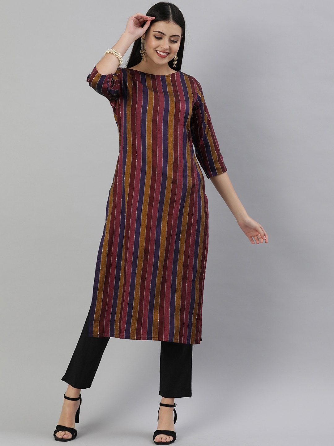 

KALINI Women Striped Flared Sleeves Thread Work Kurta, Maroon