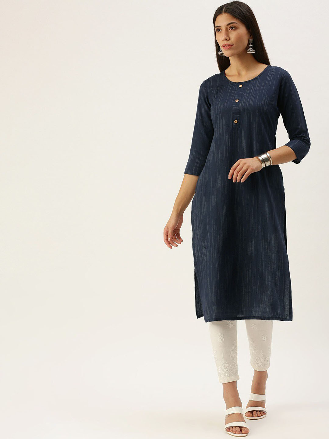 

KALINI Women Striped Keyhole Neck Mirror Work Kurta, Navy blue