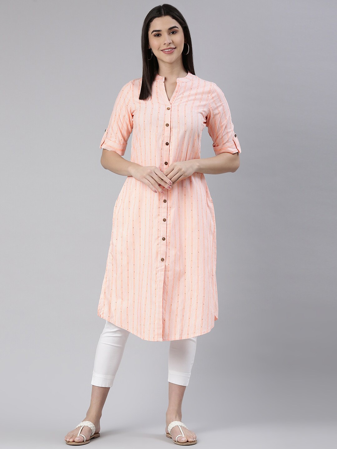

KALINI Women Striped Thread Work Kurta, Peach