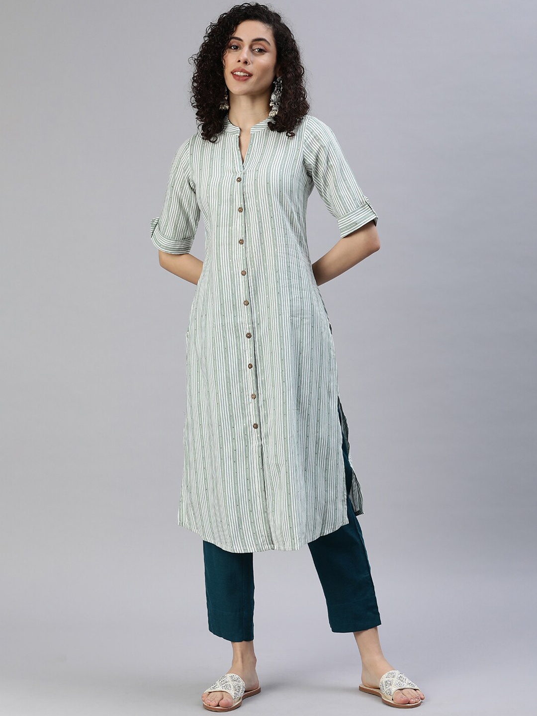 

KALINI Women Striped Thread Work Kurta, Green