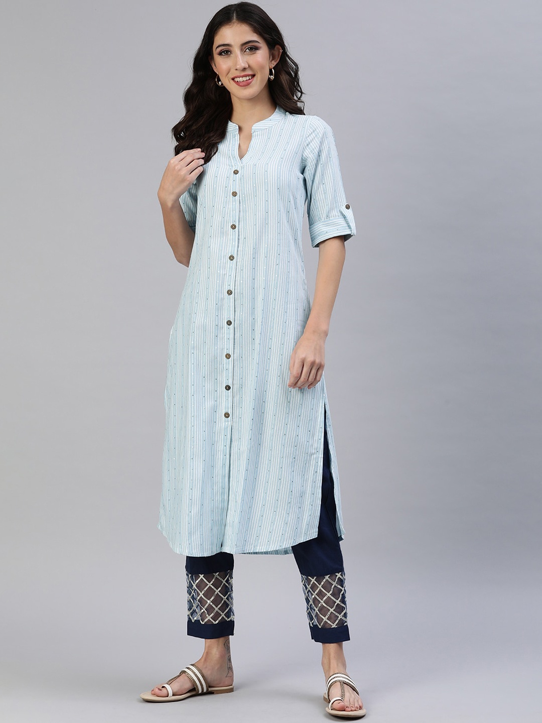 

KALINI Women Striped Thread Work Pathani Kurta, Blue