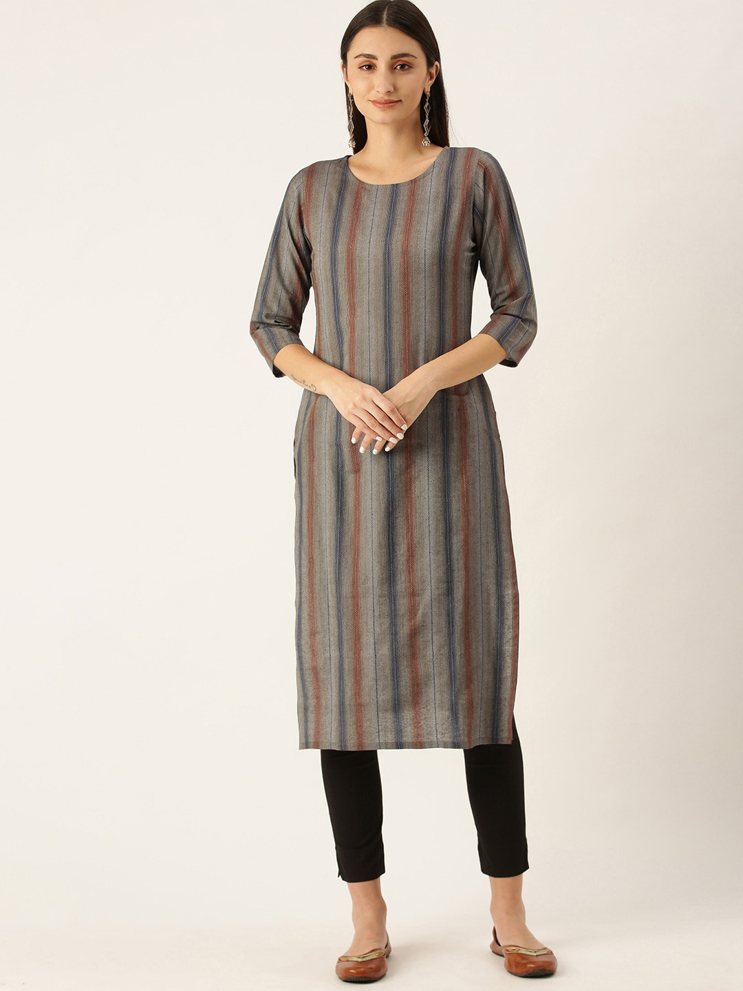 

KALINI Women Striped Keyhole Neck Sequinned Kurta, Orange