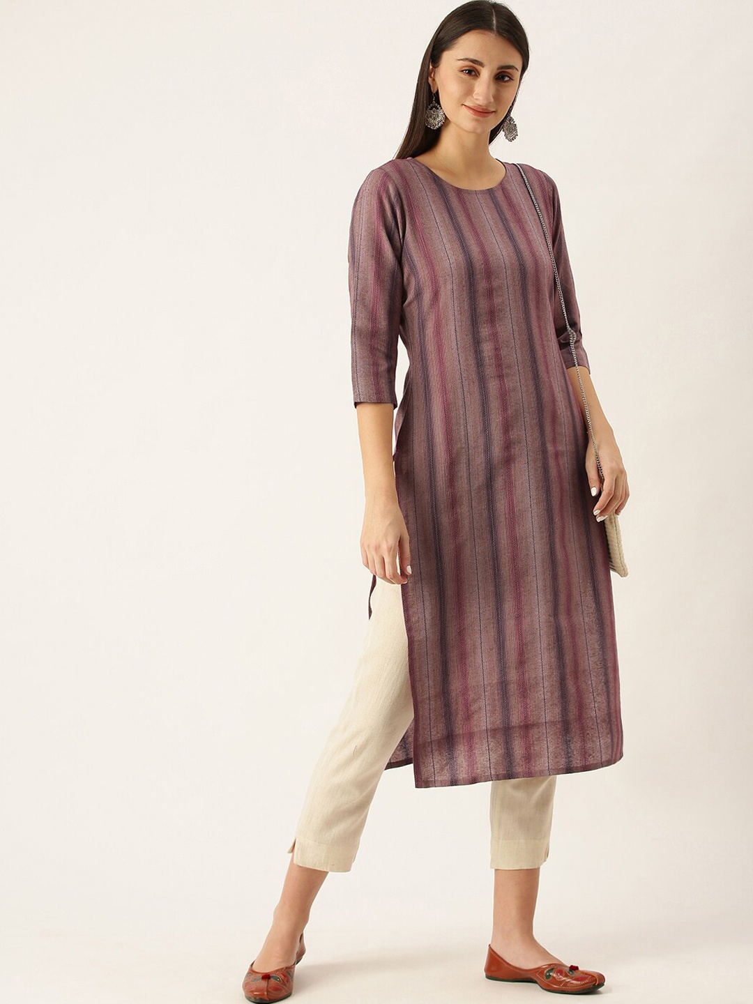 

KALINI Women Striped Keyhole Neck Sequinned Kurta, Pink