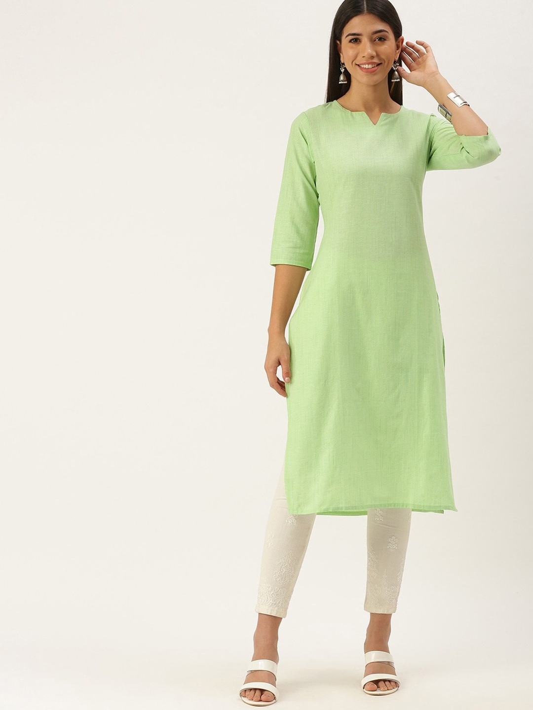 

KALINI Round Neck Straight Kurta, Green