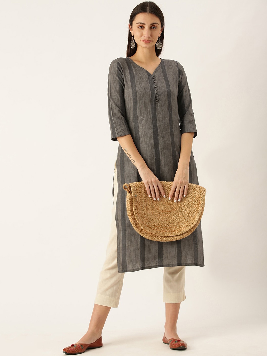 

KALINI Women Striped Kurta, Grey