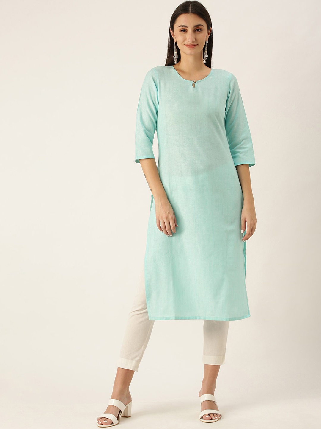 

KALINI Women Keyhole Neck Flared Sleeves Kurta, Turquoise blue