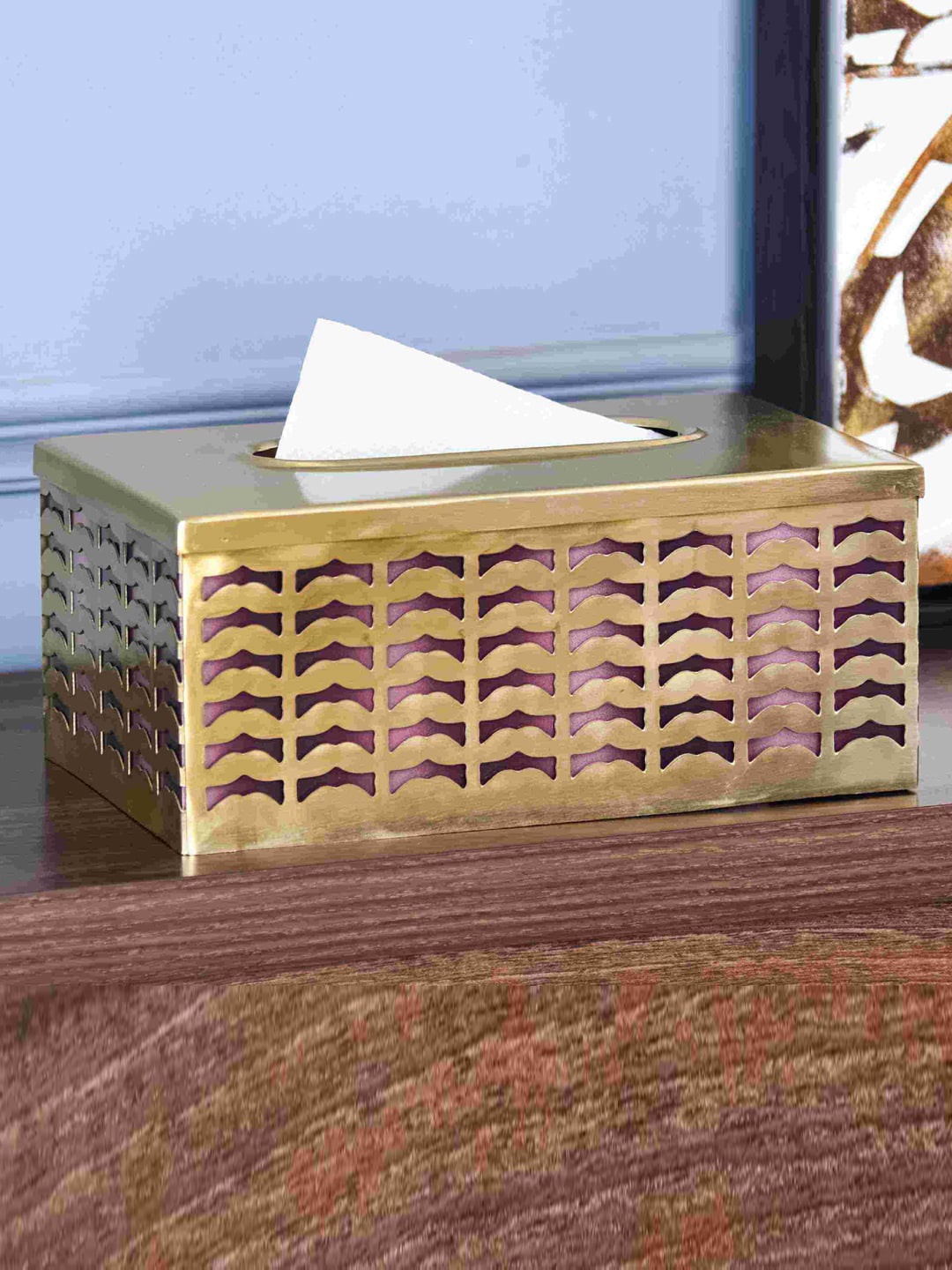 

Athome by Nilkamal Gold Toned Self Design Rectangular Metal Tissue Holder Box