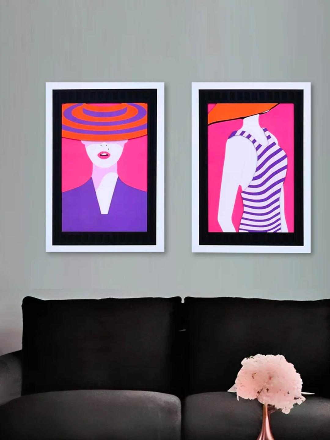 

Athome by Nilkamal Pink & Blue 2 Pieces Lady in Hat 3D Wall Paintings
