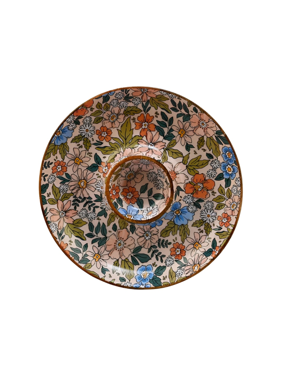 

Athome by Nilkamal Pink & Blue Floral Printed Wooden Chip and Dip Serving Platter 29.5 cm