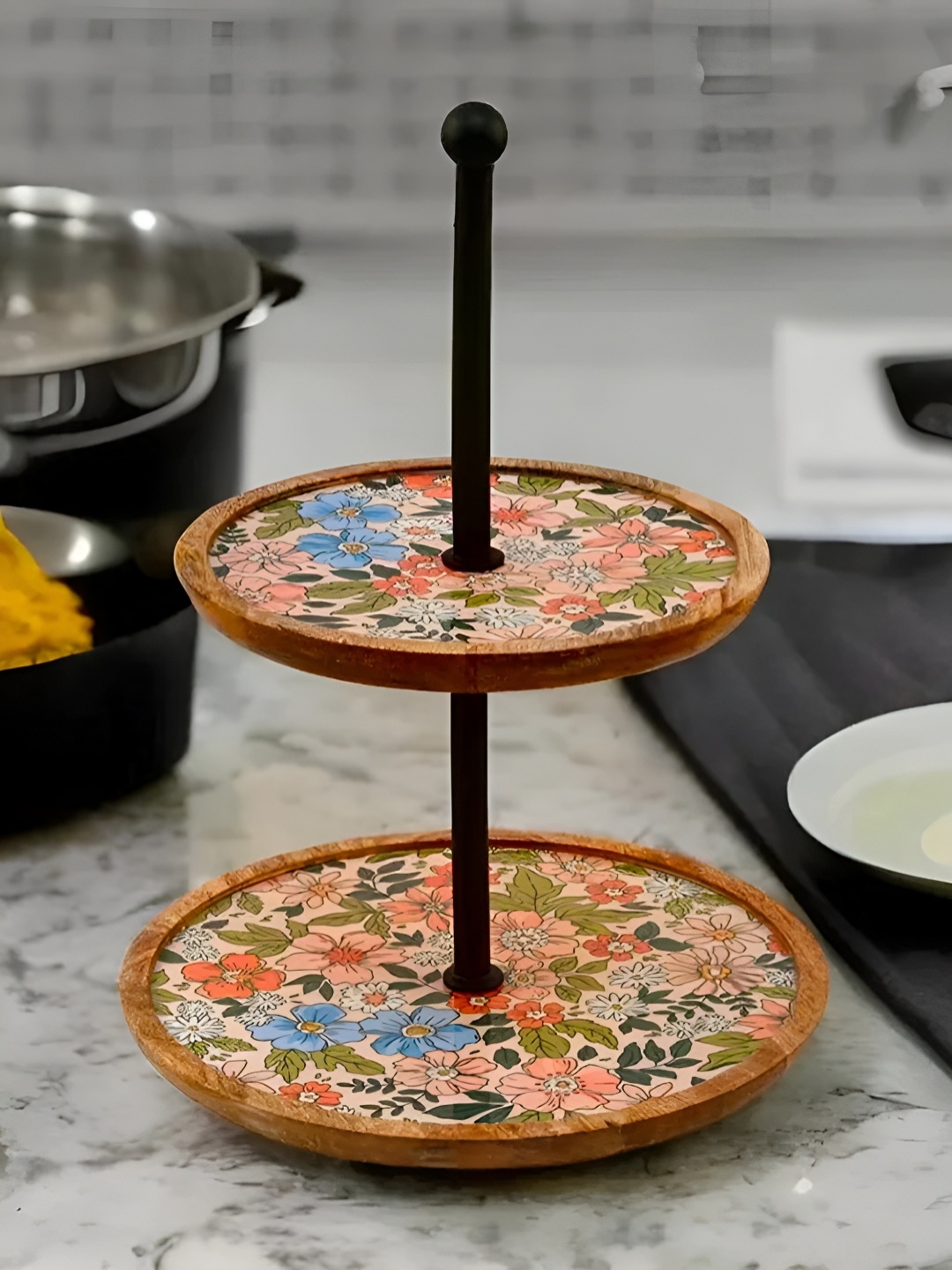 

Athome by Nilkamal Brown & Blue 2 Tier Wooden Floral Printed Round Cake Stand