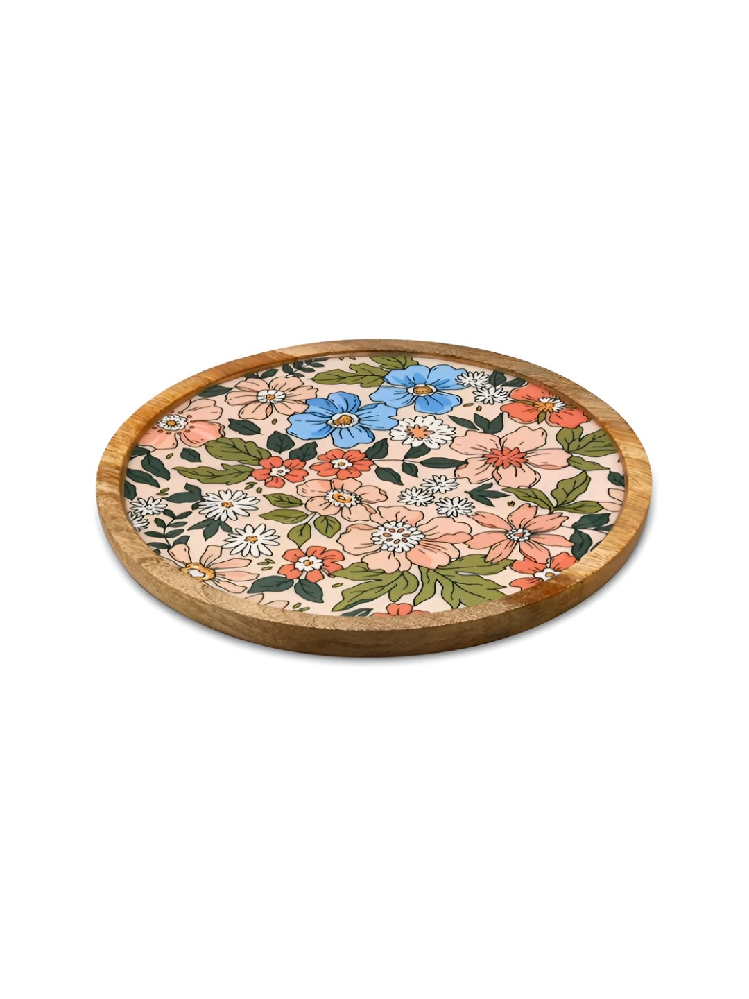 Athome by Nilkamal Peach & Green Floral Printed Round Wooden Serving Platter 20 cm