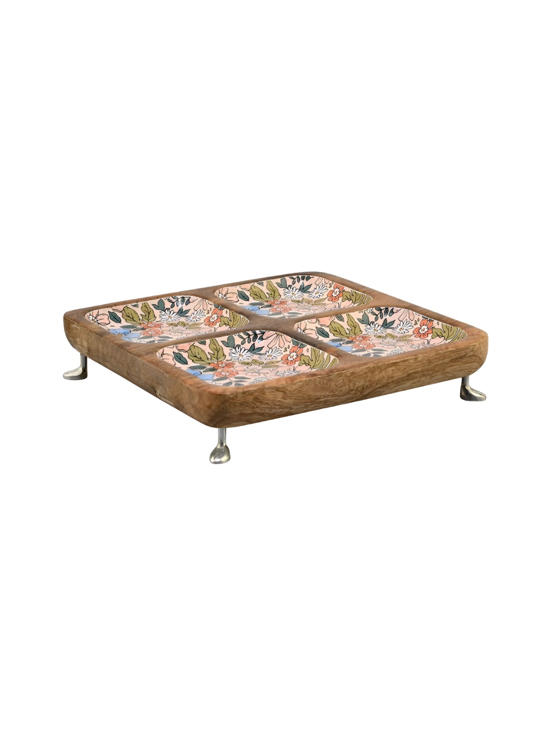 

Athome by Nilkamal Peach Floral Printed Four Partition Wooden Square Serving Platter