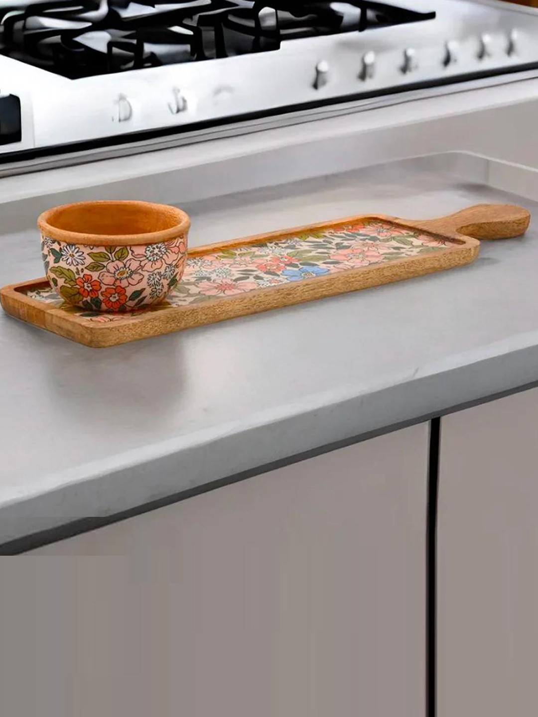 

Athome by Nilkamal Peach-Coloured 2 Pieces Floral Printed Wooden Serving Platter & Bowl