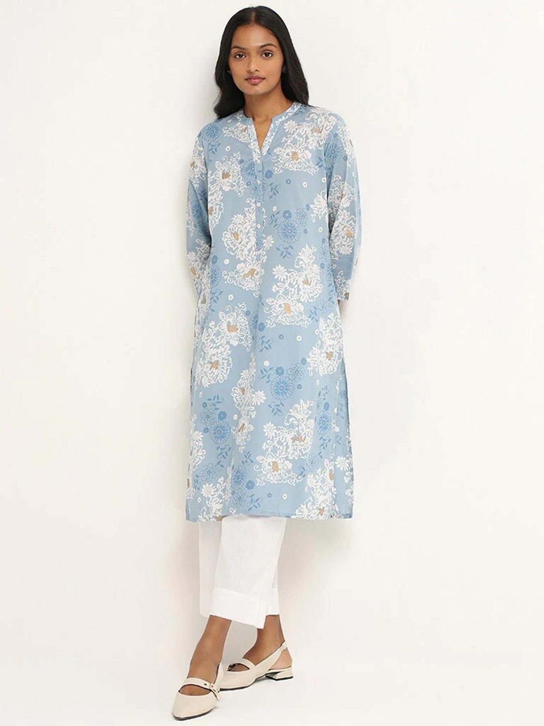 

KALINI Mandarin Collar Straight Fancy Printed Kurta, Blue