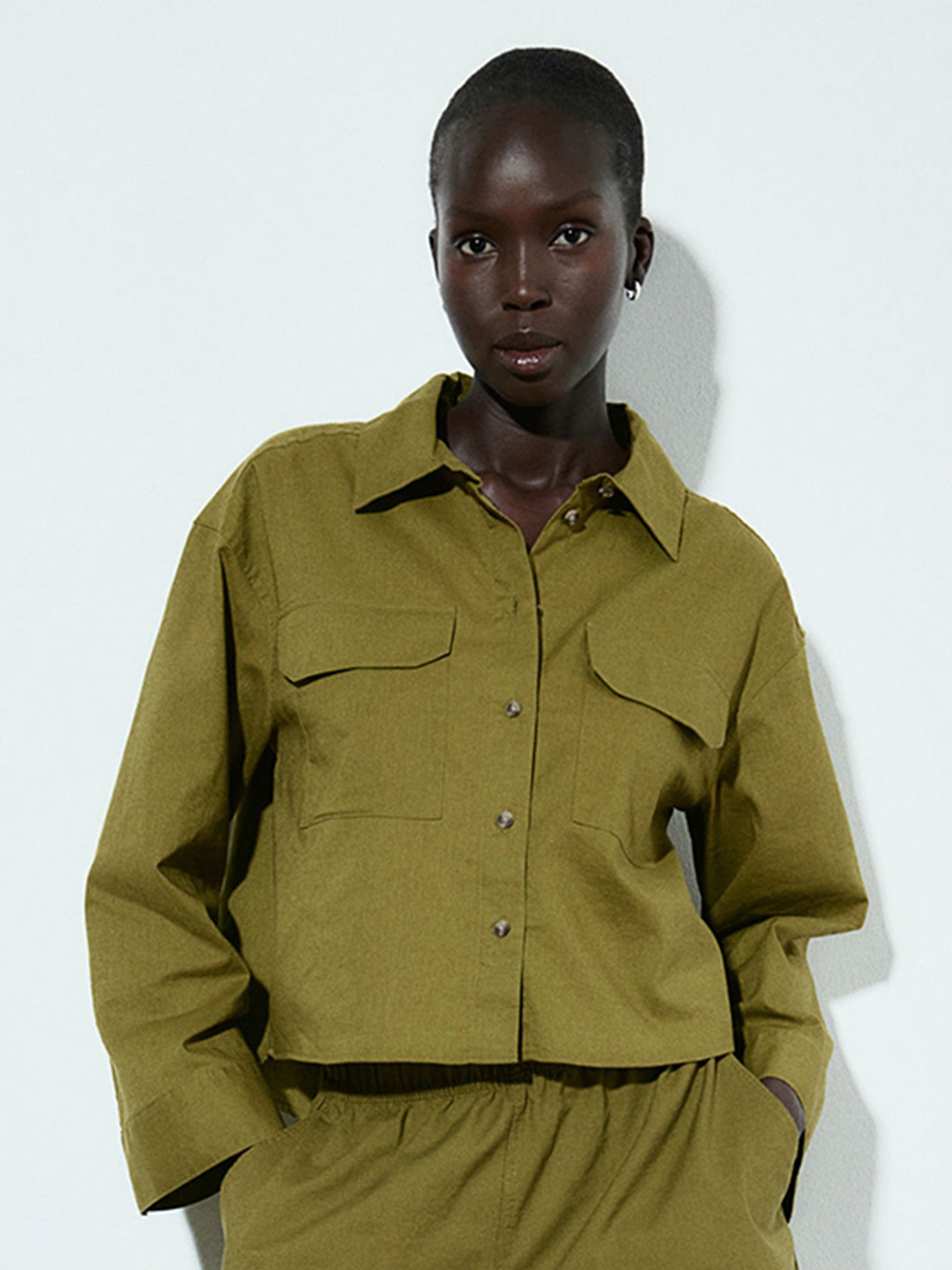 

H&M Linen-Blend Utility Shirt, Green