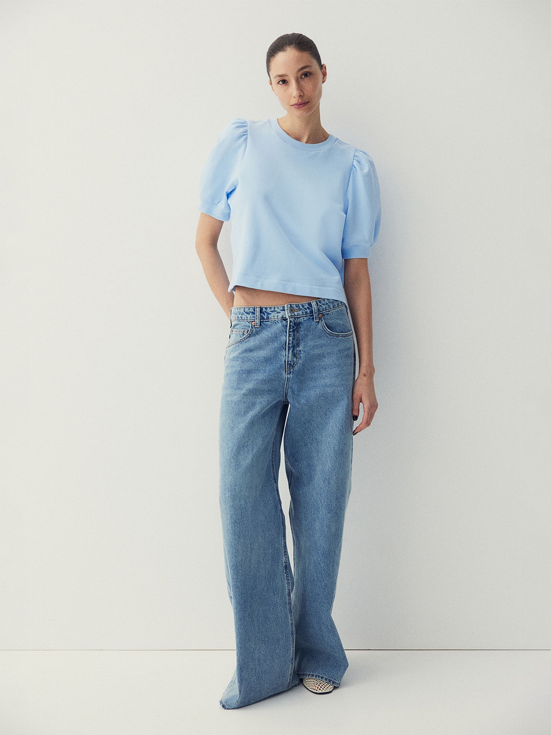 

H&M Pure Cotton Puff-Sleeved Top, Blue