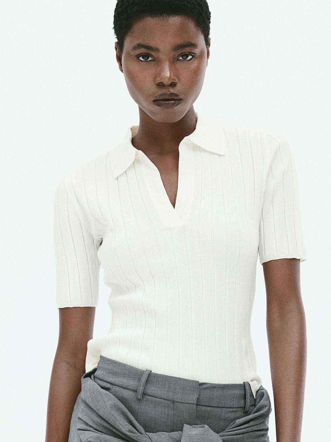 

H&M Rib-Knit Collared Top, White