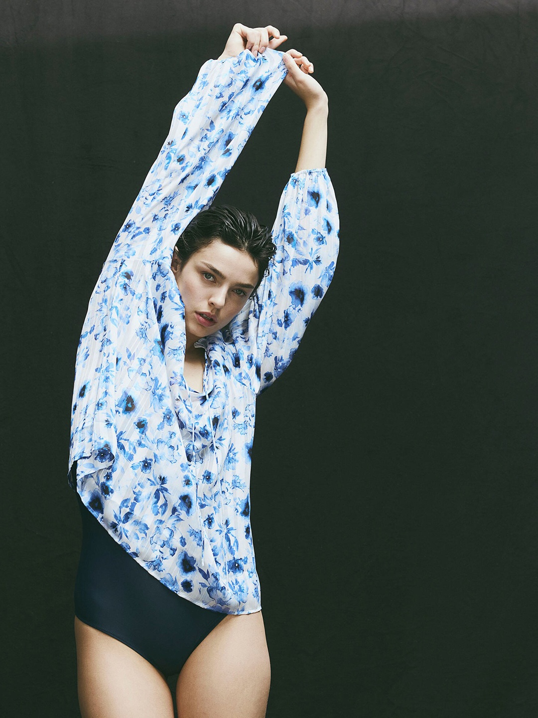 

H&M Frill-Trimmed Crepe Blouse, Blue