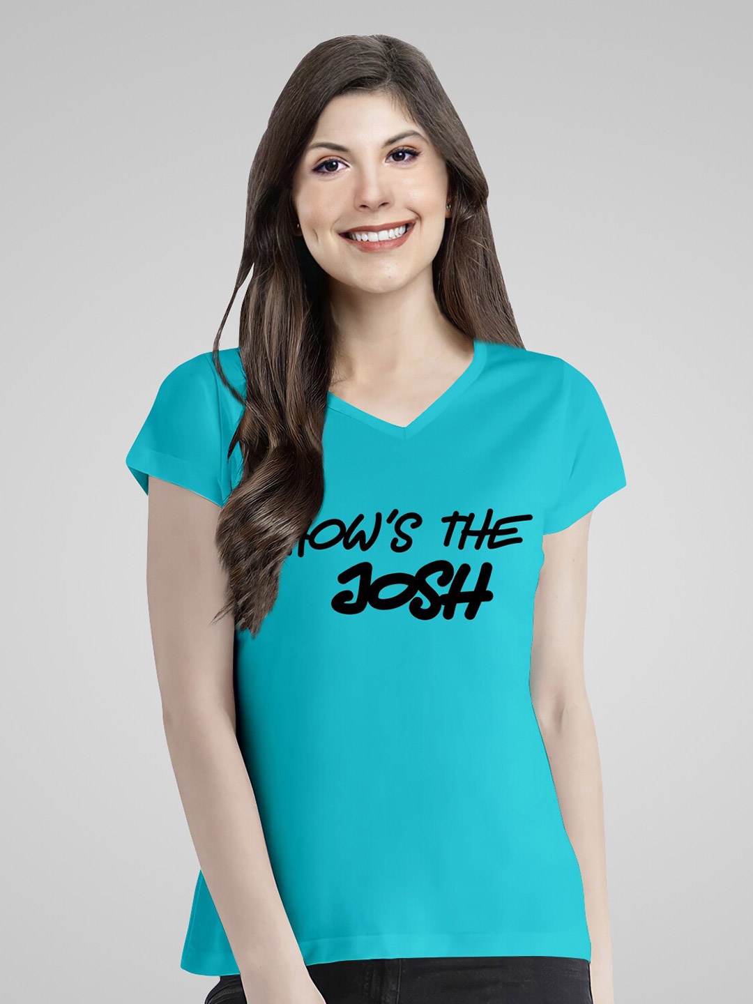 Pootlu Women Typography Printed V-Neck Applique T-shirt, Blue