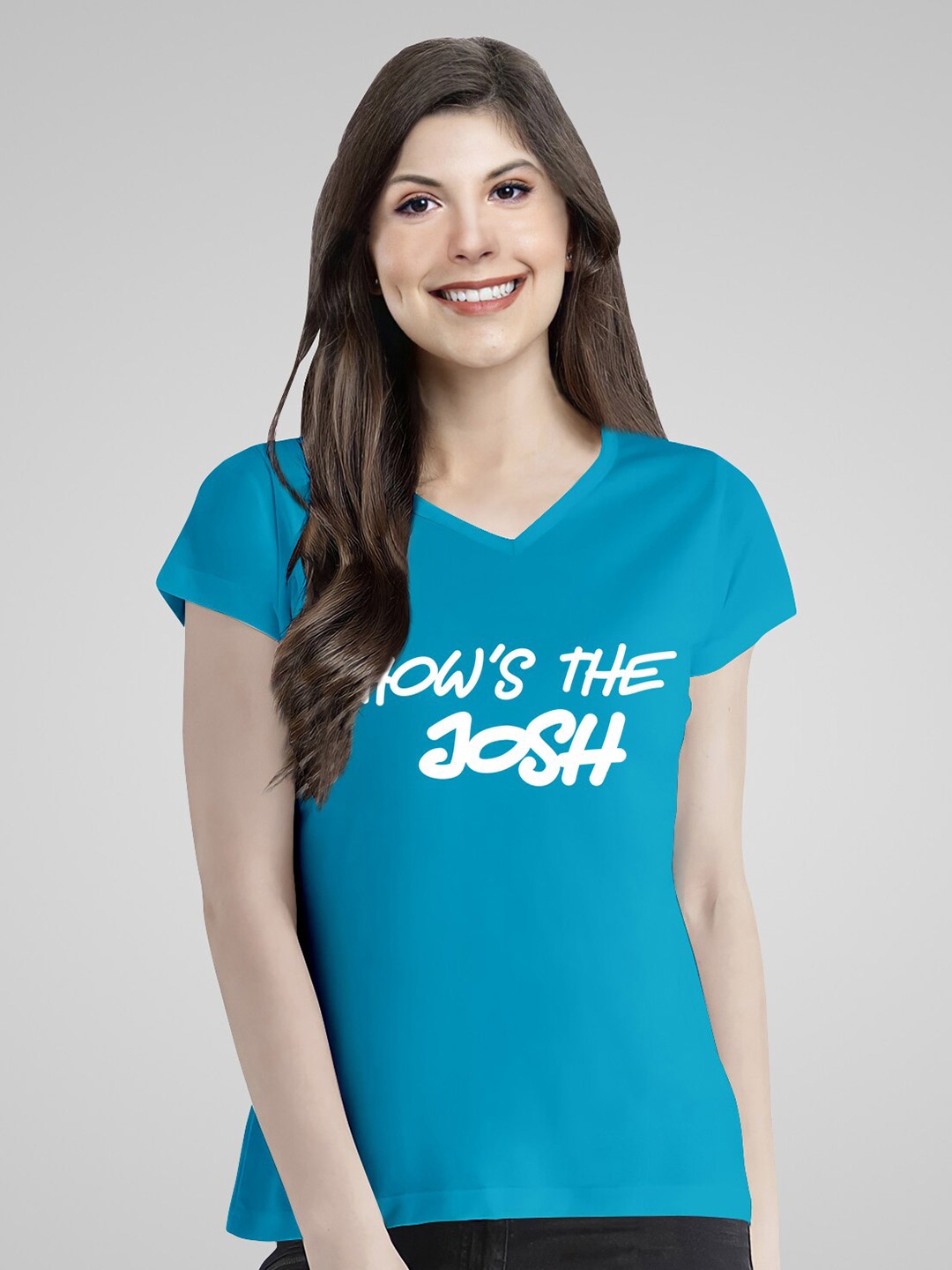 

Pootlu Women Typography Printed V-Neck T-shirt, Turquoise blue