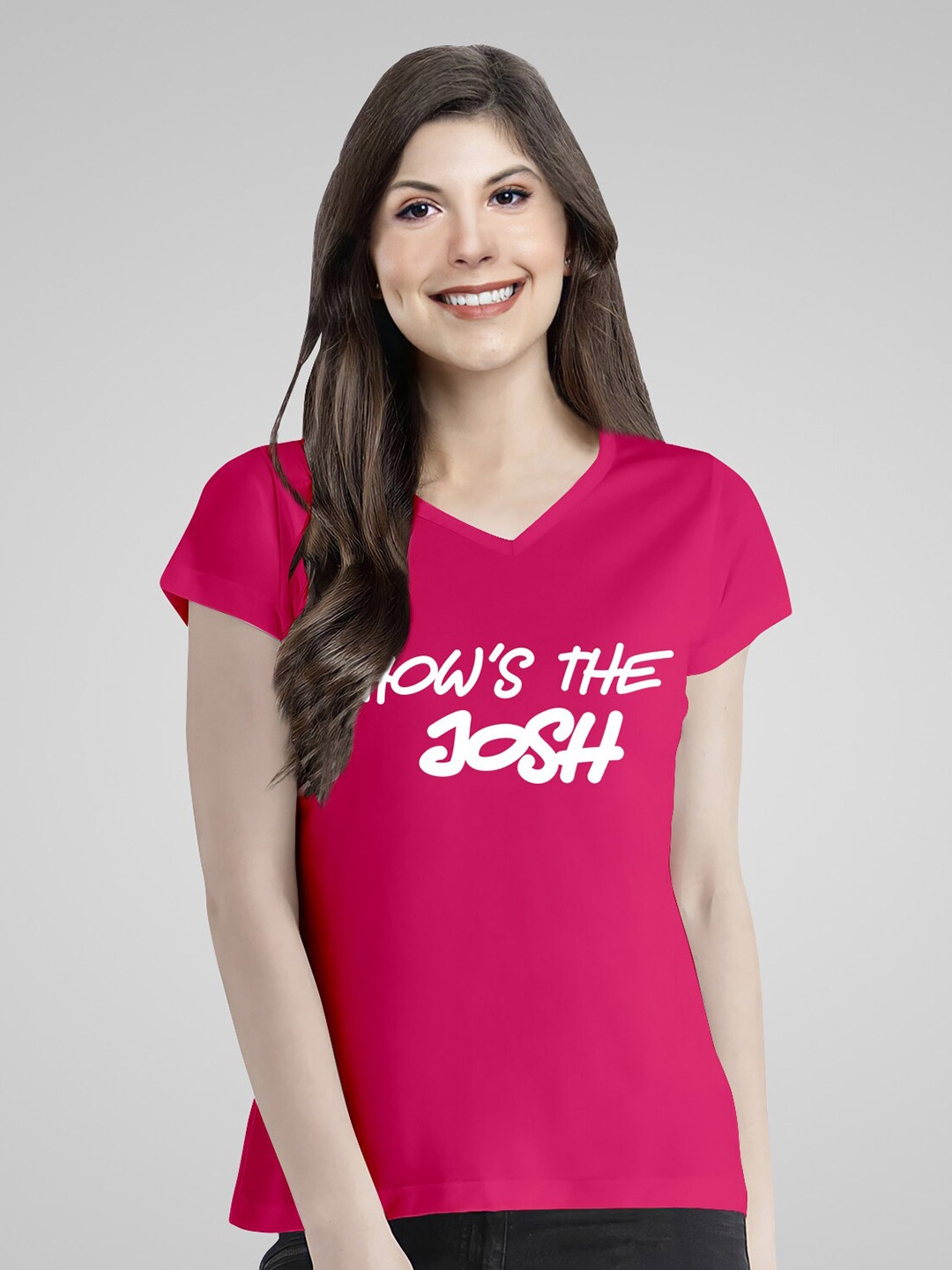 Pootlu Women Typography Printed V-Neck Extended Sleeves Applique T-shirt, Maroon