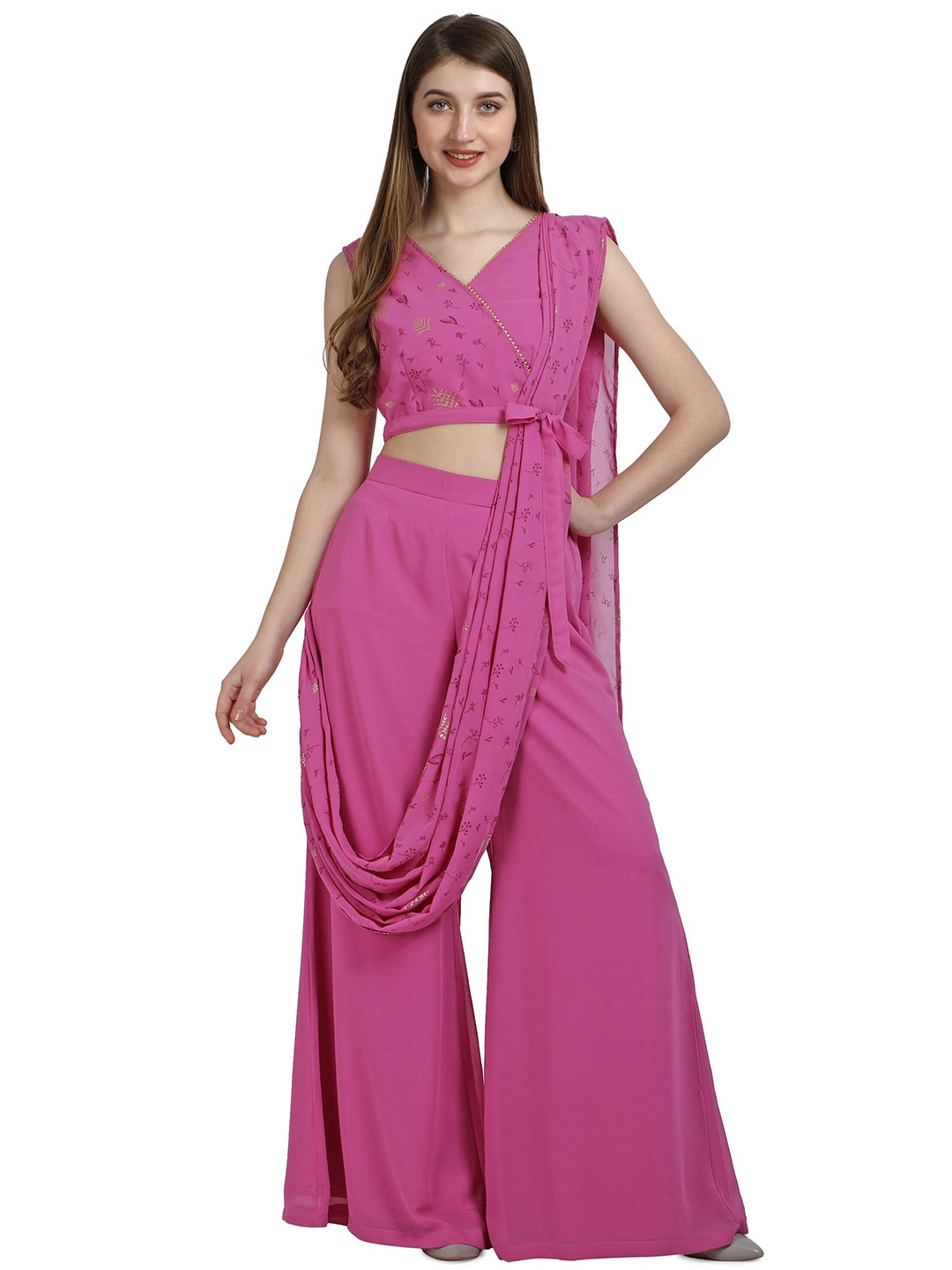 

FAB GALAXY Floral Printed Gotta Patti Ready To Wear Saree, Pink