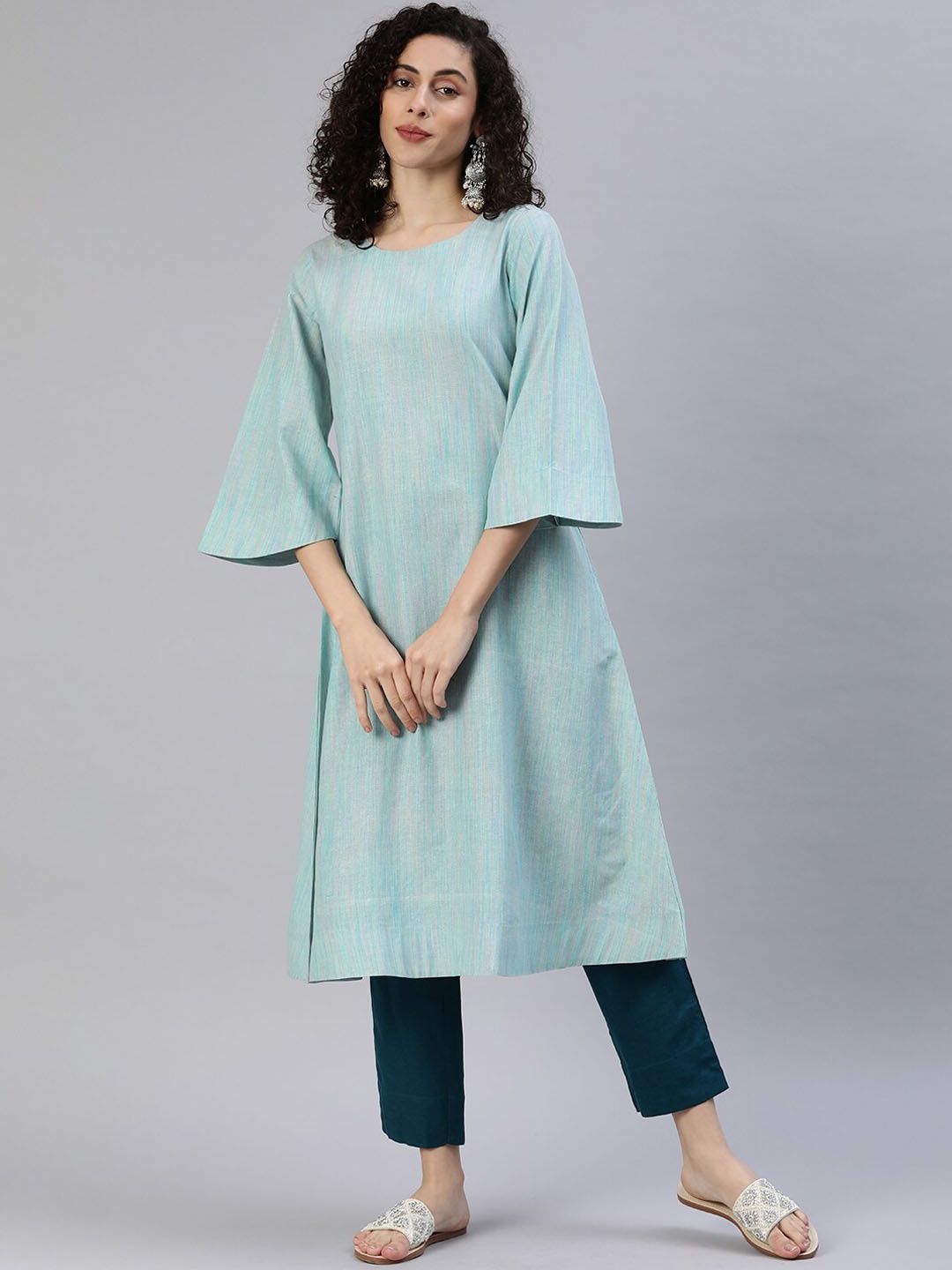 

KALINI Women Geometric Striped Flared Sleeves Thread Work Kurta, Blue