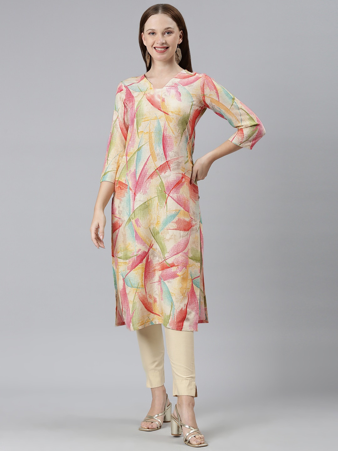 

KALINI Abstract Printed Straight Kurta, Peach