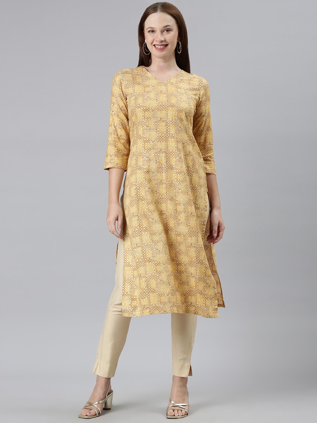 

KALINI Women Printed Keyhole Neck Thread Work Kurta, Yellow