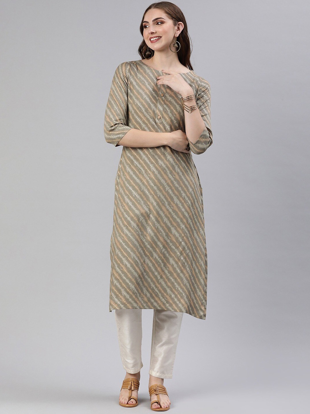

KALINI Women Striped Keyhole Neck Gotta Patti Pathani Kurta, Grey