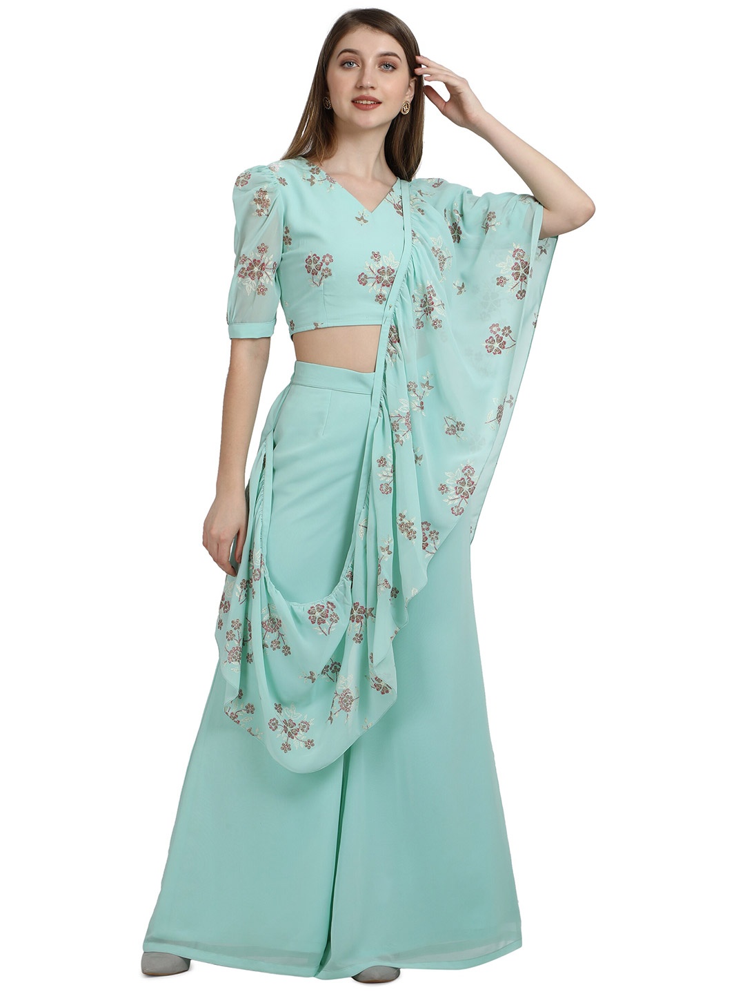 

FAB GALAXY Floral Printed Ready To Wear Saree, Green