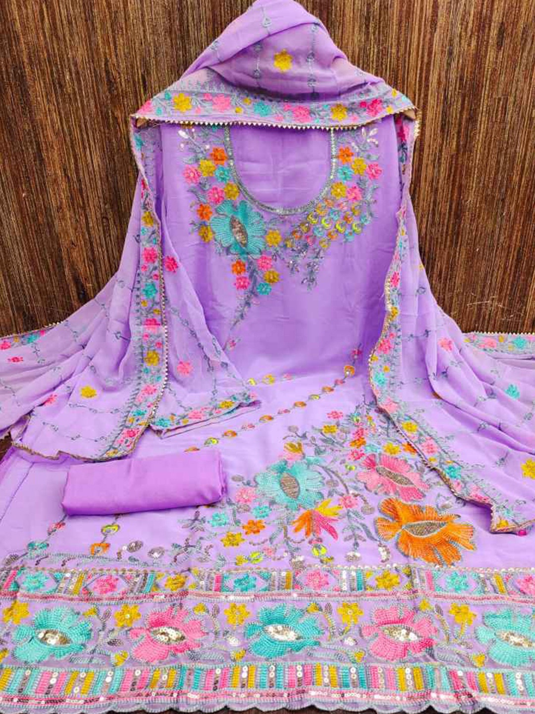 

faxofab Floral Embroidered Silk Georgette Unstitched Dress Material, Lavender