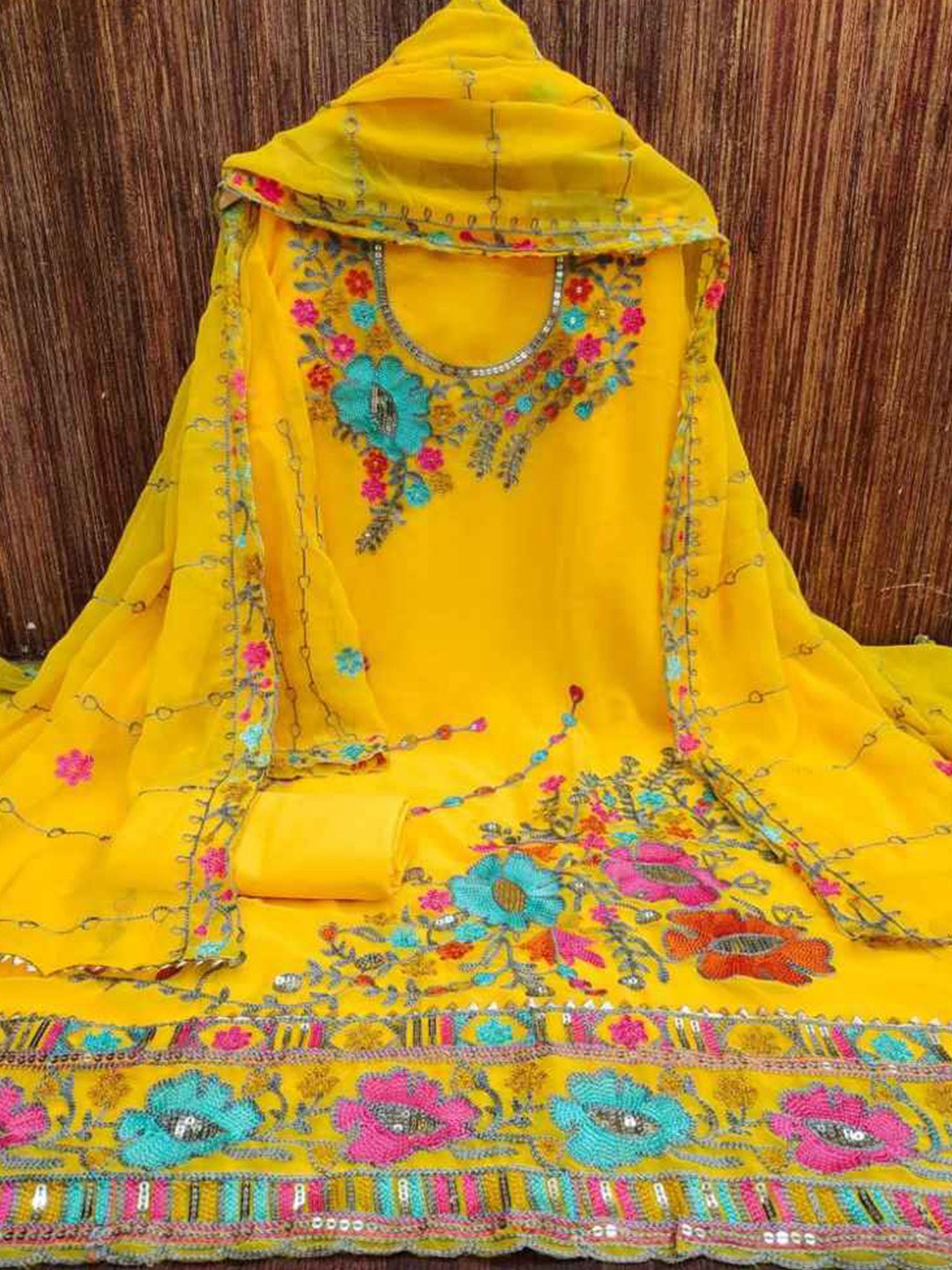 

faxofab Floral Embroidered Silk Georgette Unstitched Dress Material, Yellow