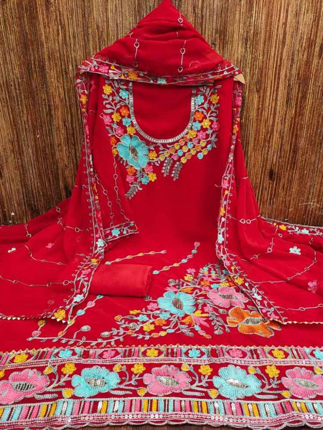 

faxofab Embroidered Silk Georgette Unstitched Dress Material, Red