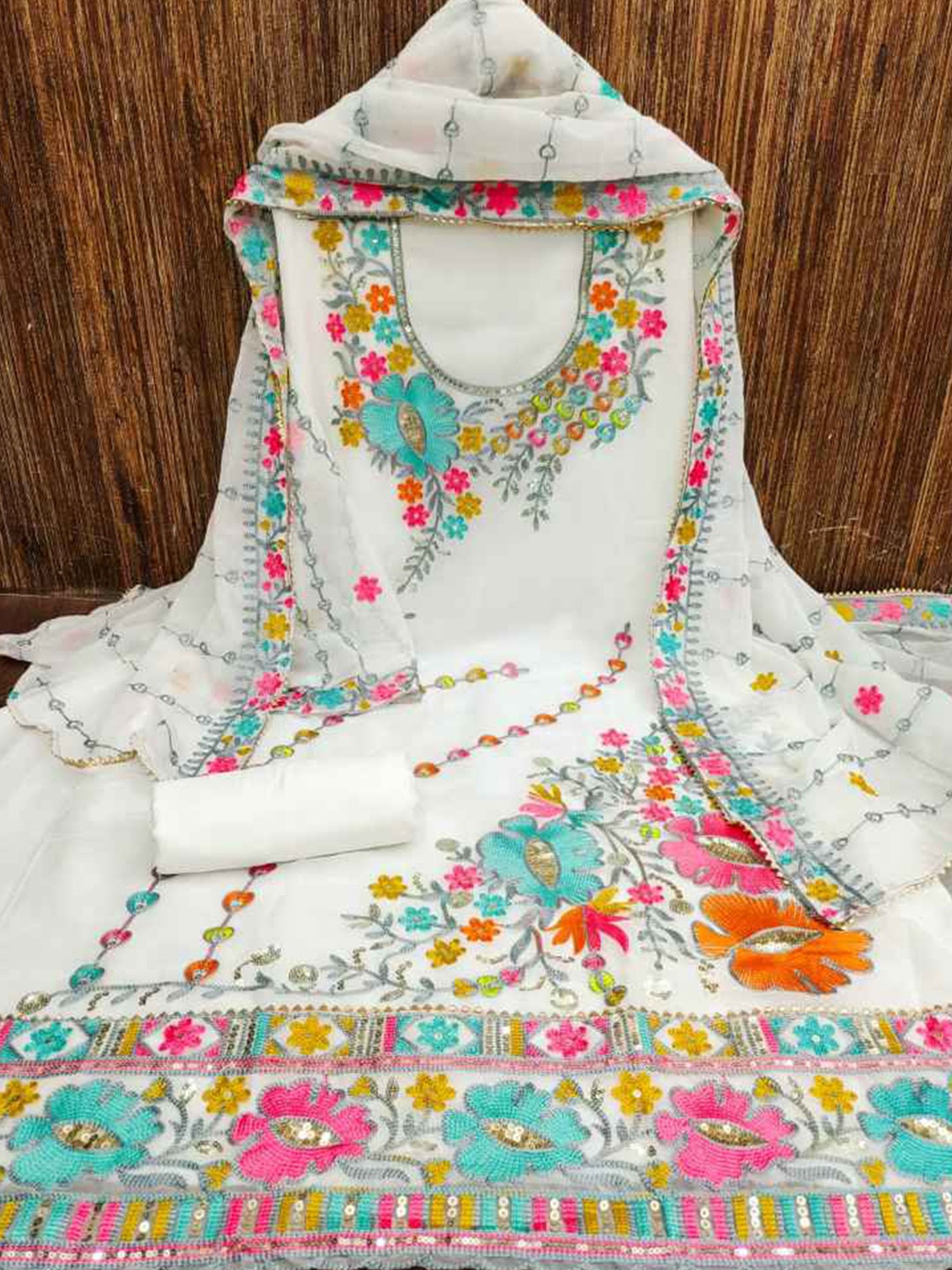 

faxofab Floral Embroidered Silk Georgette Unstitched Dress Material, White